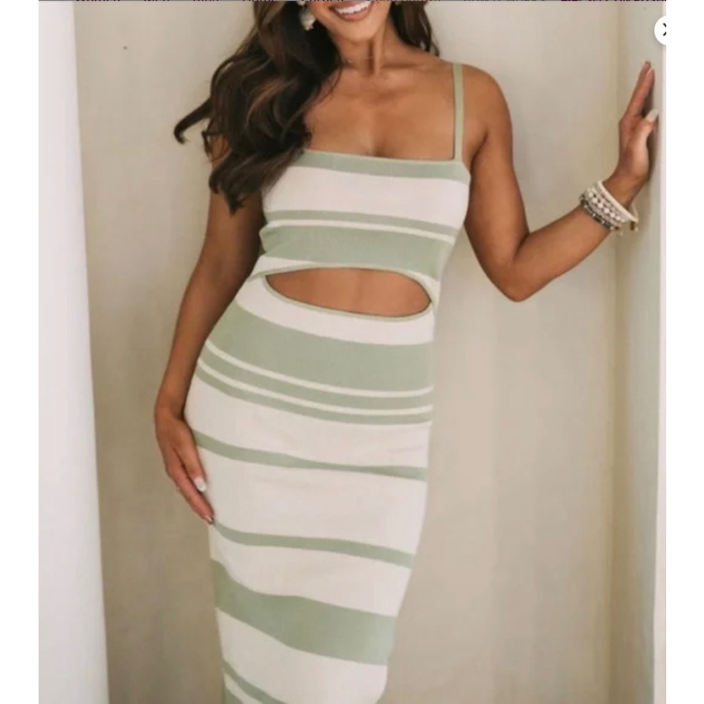 Mable Green Cream Knit Cutout Midi Dress Size Large - Picture 2 of 9